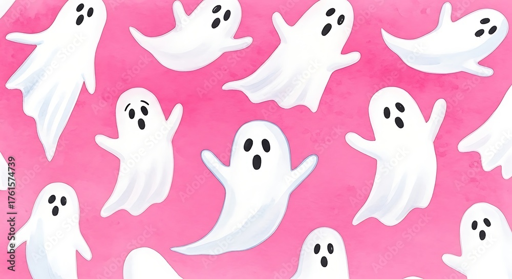 Naklejka premium Cute Watercolor Ghosts Seamless Pattern on Pink Background for Festive Projects and Textile Designs.