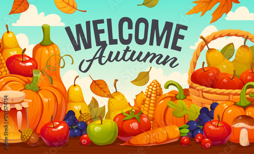 Autumn harvest festival vector banner of rich harvest with pumpkins, apples and pears. Grapes, mushrooms, corn cob and tomato with carrot on wooden table with autumn fall leaves of autumn harvest