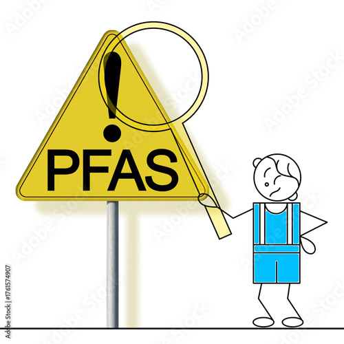 DANGEROUS PFAS per-and polyfluoroalkyl substances used in products and materials due to their enhanced water-resistant properties - Concept with road sign, cartoon Man and magnifying glass