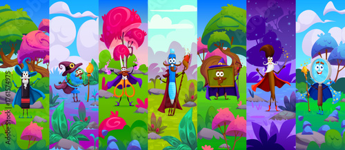 Cartoon Halloween school stationery wizards vector characters collage. Globe sorcerer, eraser wizard, scissors magician, chalkboard mage, pencil warlock, magnifying glass enchanter magic personages