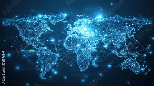 A digital representation of a world map, interconnected by glowing lines and nodes, symbolizing global connectivity and technology.