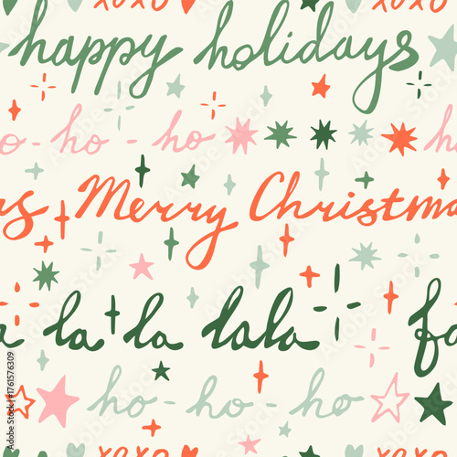 Seamless Christmas patterns with various doodle lettering phrases and stars.Trendy handwritten background. Hand drawn vector illustration. Holiday wrapping paper, social media banner, invitation.