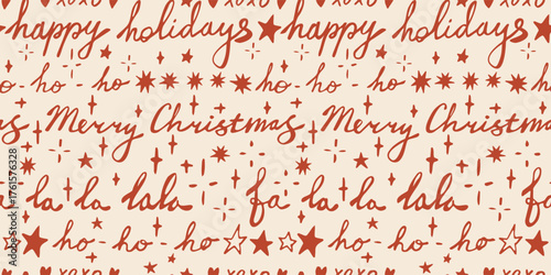 Seamless Christmas patterns with various doodle lettering phrases and stars.Trendy handwritten background. Hand drawn vector illustration. Holiday wrapping paper, social media banner, invitation.