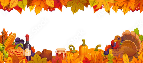 Thanksgiving holiday border frame filled with red, orange and yellow autumn leaves. Vector border decorated with pumpkins, funny turkey, corn cobs, acorns, berries, pears and apples for Thanksgiving
