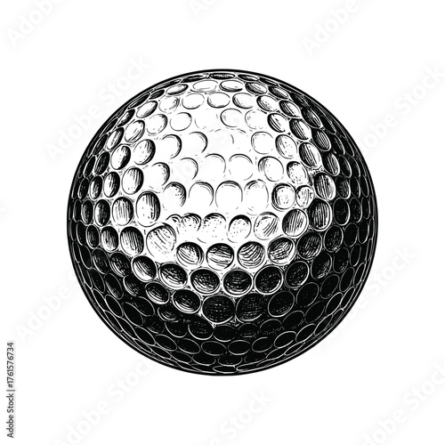 Detailed monochrome golf ball closeup showing textured dimples and round shape in a vintage, hand-drawn style on white background.