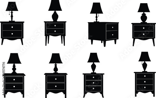 Silhouette illustration of bedside tables with lamps, home furniture collection, classic nightstands, black vector design set for interior decoration