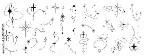 Christmas star sparkles and twinkles with burst flashes of celestial sparks, vector blink glitter. Shooting stars of space, galaxy, starlight shine in Boho style for celestial esoteric or Chrismtas