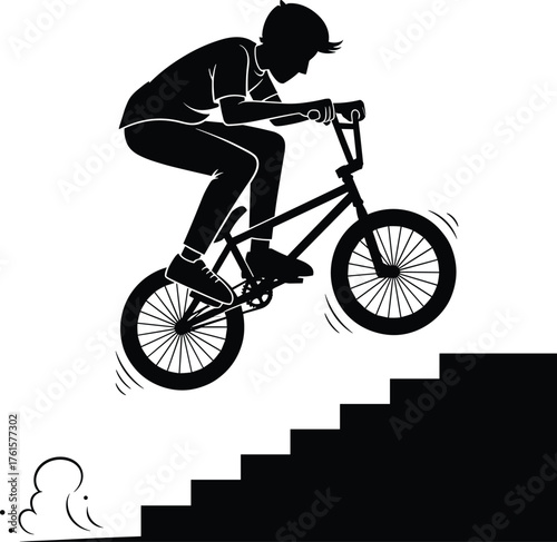 Silhouette illustration of young man performing BMX bicycle stunt jumping stairs, extreme sport action, urban cycling adventure and freestyle bike tricks.