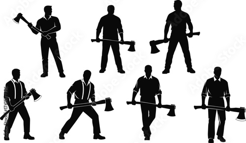 Silhouette lumberjack men holding axes, strong worker poses, vintage style illustration, woodcutting concept, vector art for logging, forestry, construction, labor