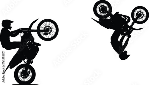 Silhouette of Motorcyclists Performing Wheelie and Backflip Stunts on Dirt Bikes, Vector Illustration Isolated on White Background for Design Use