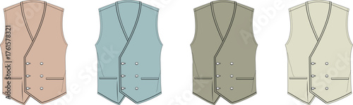 Variety of four double-breasted vests in different colors, showcasing tailored menswear fashion