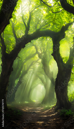 Mysterious Woodland Path: Enchanting Journey Through Green Light and Soft Mist in the Forest Wilderness Exploration Scene