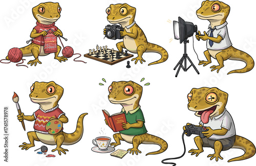 Cute gecko cartoon character doing hobbies like knitting, photography, painting, reading, gaming, chess, fun educational lizard art