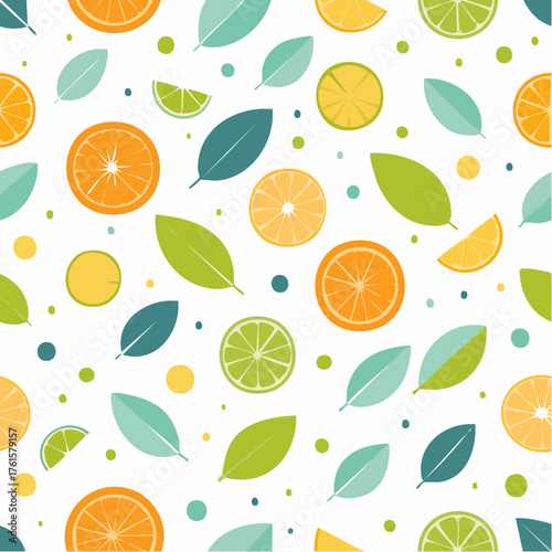 Seamless Pattern of Citrus Fruits and Leaves.