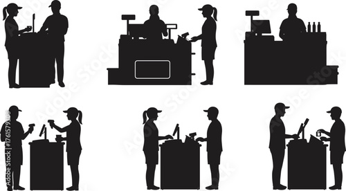 Silhouette vector illustration of cashier and customer interactions at retail store checkout counter, shopping payment process, barcode scanning, service, transaction, purchase.