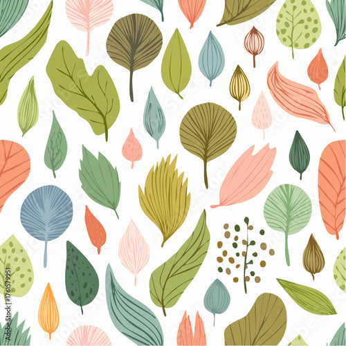 Seamless Pattern with Various Stylized Colorful Leaves.