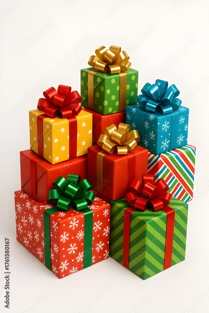 Fototapeta premium Pile of Christmas presents wrapped in various colors and ribbon styles, representing the festive spirit of giving during the holiday season.