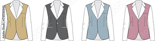 Collection of Four Different Colored Men's Vests With Lapels and Pockets, Displayed on White Background