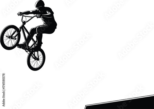 Silhouette vector of BMX rider performing extreme stunt jump on ramp with bicycle, action sport illustration for adventure, competition, and lifestyle design.