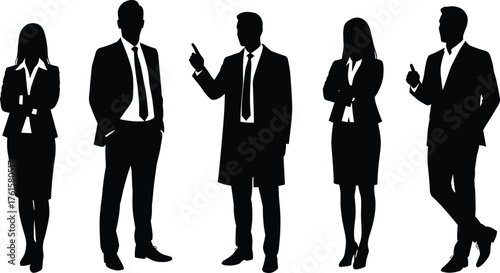 Silhouette vector of business professionals in formal attire standing in various poses for corporate, office, leadership, and teamwork concept design