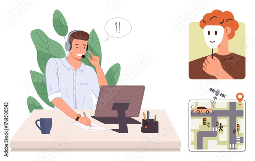 Call center agent responding with headset, map and identity fraud concepts. Ideal for customer support, fraud prevention, remote work, navigation, technology, problem-solving, simple flat metaphor