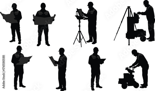Silhouette vector of construction engineers and surveyors working with blueprints, tripod equipment, and measuring tools for architecture, planning, and building design.