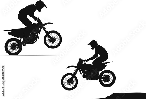 Silhouette vector of motocross riders performing dirt bike jumps and tricks, extreme action sport design illustration for racing adventure background