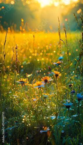 Vibrant Golden Sunlight Bathes Wildflowers in a Warm Breeze, Creating a Serene and Beautiful Nature Scene