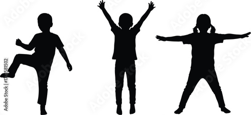 Silhouettes of children jumping, playing, vector illustration for childhood activity, fun, movement, energy, physical expression, and joyful design
