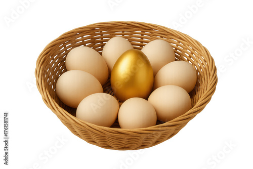 Wallpaper Mural Golden egg standing out in basket of brown eggs symbolizing wealth, investment, opportunity, and success on transparent background Torontodigital.ca