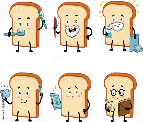 Cute bread character morning routine, brushing teeth, shaving, reading, hygiene, adorable cartoon breakfast mascot illustration for kids, education, humor