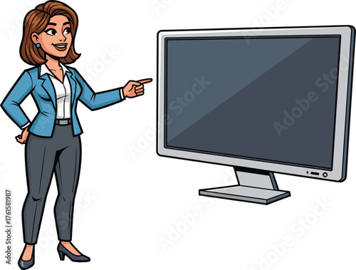 Smiling businesswoman cartoon character standing confidently and pointing at large blank monitor screen for presentation, teaching, training, or corporate illustration.