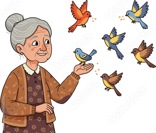 Smiling elderly woman feeding colorful birds with seeds, friendly interaction between senior lady and nature in outdoor environment vector illustration.