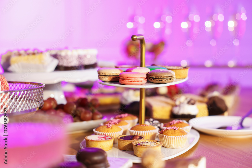 Naklejka premium Buffet menu. Different delicious desserts on table, selective focus