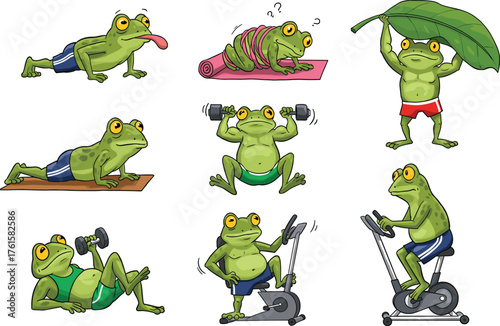 Cartoon frogs doing workout exercises, funny fitness animal characters, gym frog illustrations, yoga, dumbbells, cycling, humorous health concept