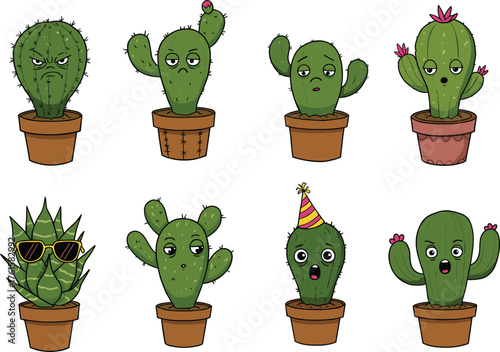 Funny cartoon cactus characters in flowerpots, expressive face emotions, comic desert plant collection, humorous succulent illustrations, cute indoor decor