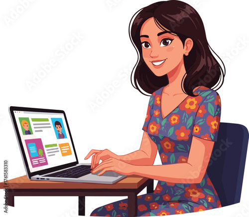 Smiling young woman working on laptop at desk, cartoon illustration of freelancer, student or office worker using computer indoors