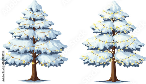 Snow-covered Christmas trees with glowing string lights, festive winter scene, holiday decoration, seasonal illustration, isolated on white background