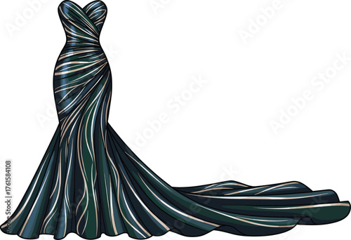 Strapless evening gown with swirling silver pattern and flowing train, elegant fashion illustration for formal, gala, luxury, or red carpet wear.