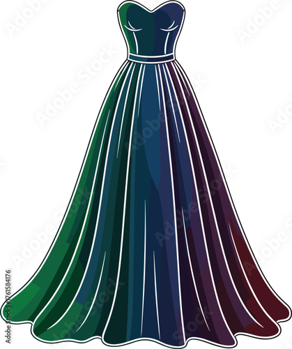 Strapless gradient evening gown with sweetheart neckline and pleated skirt, elegant fashion illustration for formal, prom, gala, or bridal wear.