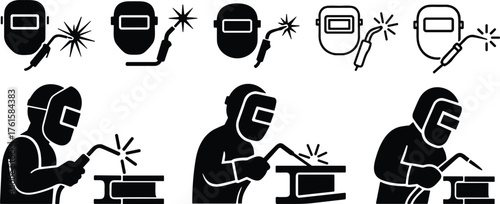 Black and white welding icons featuring torches, masks, and workers in protective gear illustrating metalwork and industrial safety processes