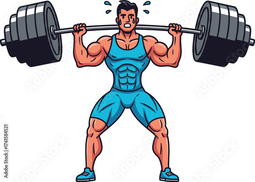 Strong muscular bodybuilder lifting heavy barbell weights, training hard, sweating during workout, fitness exercise, gym powerlifting strength illustration design vector.
