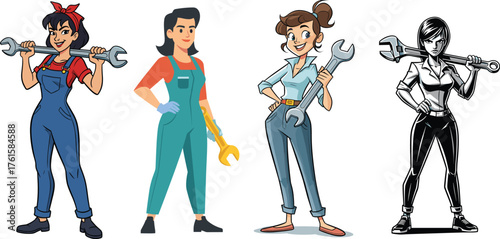 Strong women mechanics holding big wrenches, cartoon female workers in overalls, confident characters illustration for repair, engineering, empowerment, and education