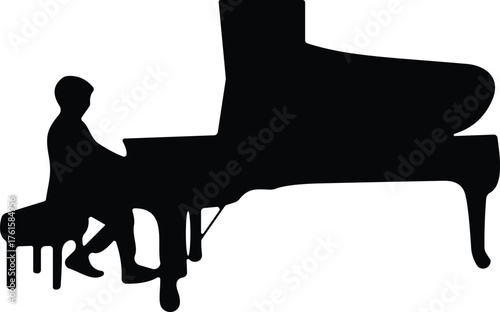 Black silhouette of person playing grand piano on bench, musical performance concept, artistic expression, creativity, and classical music theme