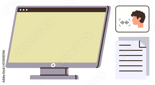Desktop monitor paired with voice recognition interface and text document. Ideal for communication, productivity, workflow, automation, smart technology, remote work, data management. Simple flat