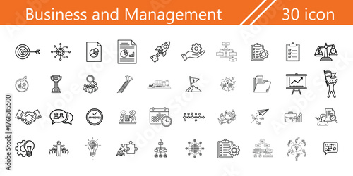 Business and Management icon set. Strategy, emergency, recovery, planning, protection, decision, business, finance and more. Editable line icons. 