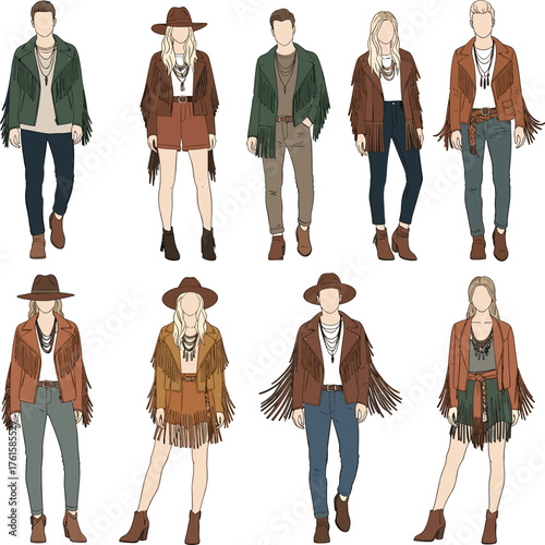 Stylish Modern Fashion Illustration Featuring Trendy Man and Woman Outfits in Boho, Casual, and Western Styles for Fashion Vector Content