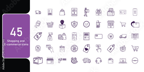 Shopping and E-commerce icons set. Including shopping, cart, store, product, payment, delivery, online, and sale. Editable stroke. outline icons.