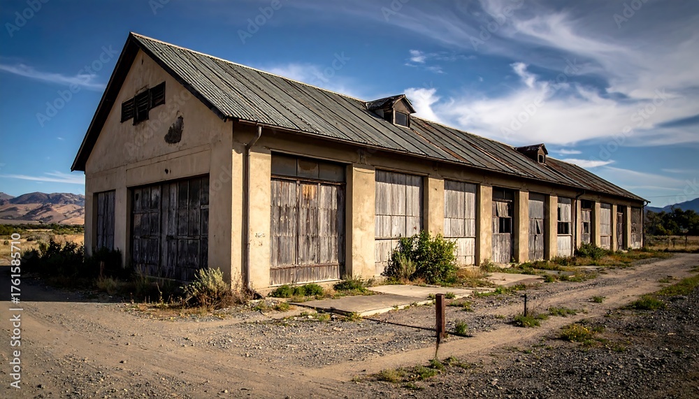 Fototapeta premium Old, weathered building with closed garage doors