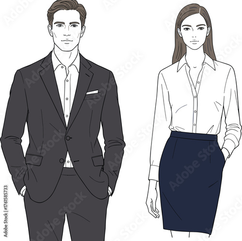 Stylish professional man and woman in business attire, modern vector illustration for corporate, workplace, and professional branding, SEO optimized